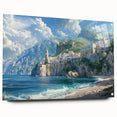 Acrylic print of the Amalfi Coast in Italy, featuring vibrant blue and green tones, suitable for dining room decor.