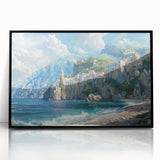 Large abstract wall art depicting the Amalfi Coast in muted blue and white tones, framed in black acrylic.