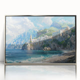 Framed acrylic print of the Amalfi Coast in pastel shades, ideal for modern art wall decor.