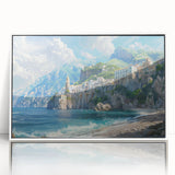 Mid-century modernist art depicting the Amalfi Coast in muted blue and white tones on a framed acrylic print.