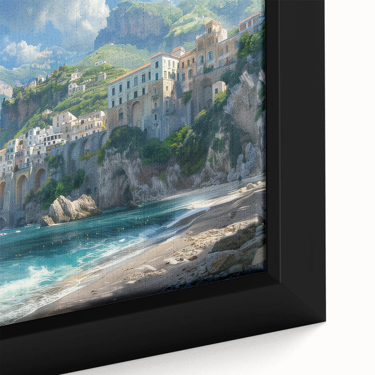 Framed canvas of the Amalfi Coast with a textured, colorful depiction in an extra large format, ideal for living room decor.