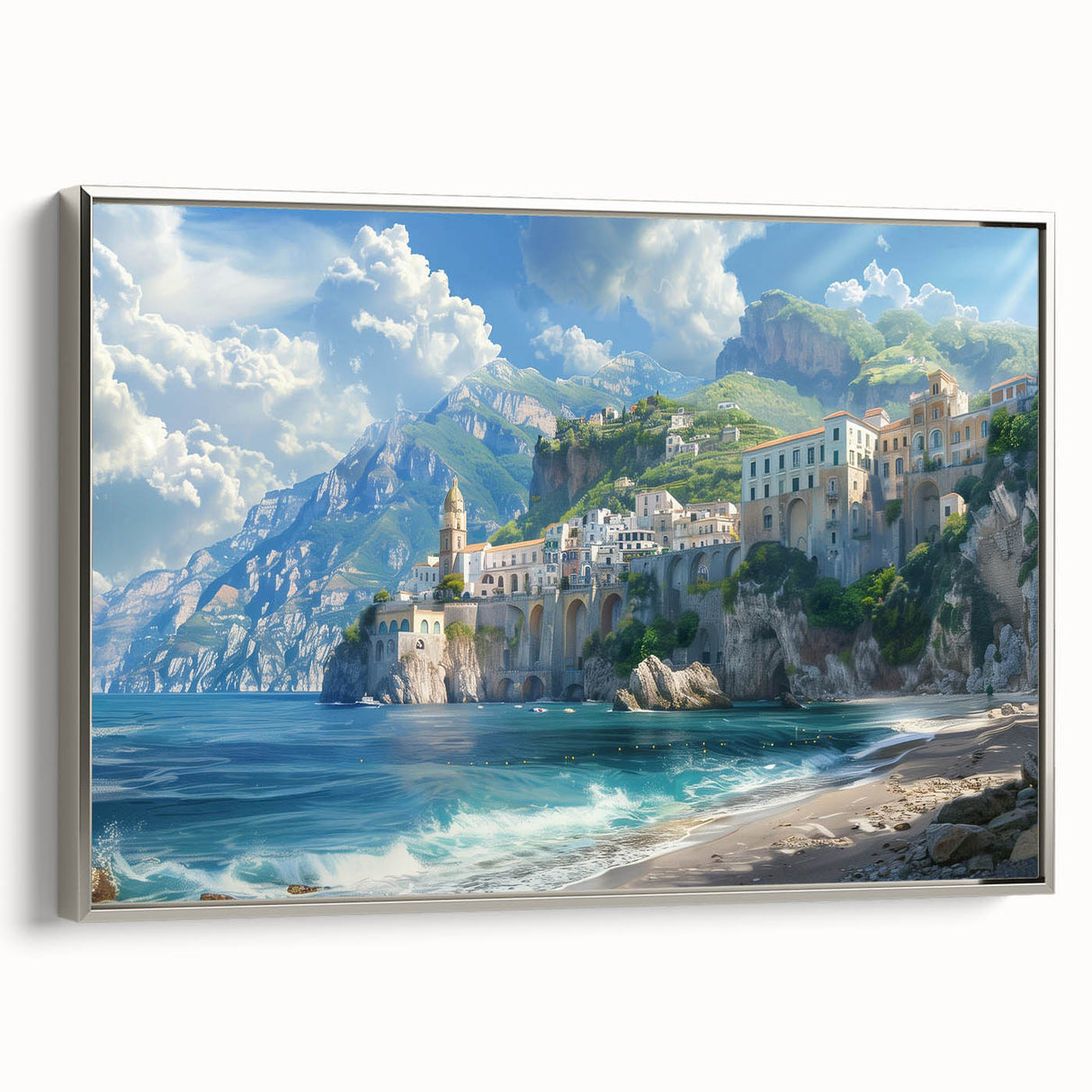 Framed canvas featuring a vintage-style landscape painting of the Amalfi Coast in Italy.