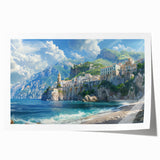 Rolled print of Amalfi Coast with vivid blue ocean and colorful cliffside houses, ideal for art wall dining room.