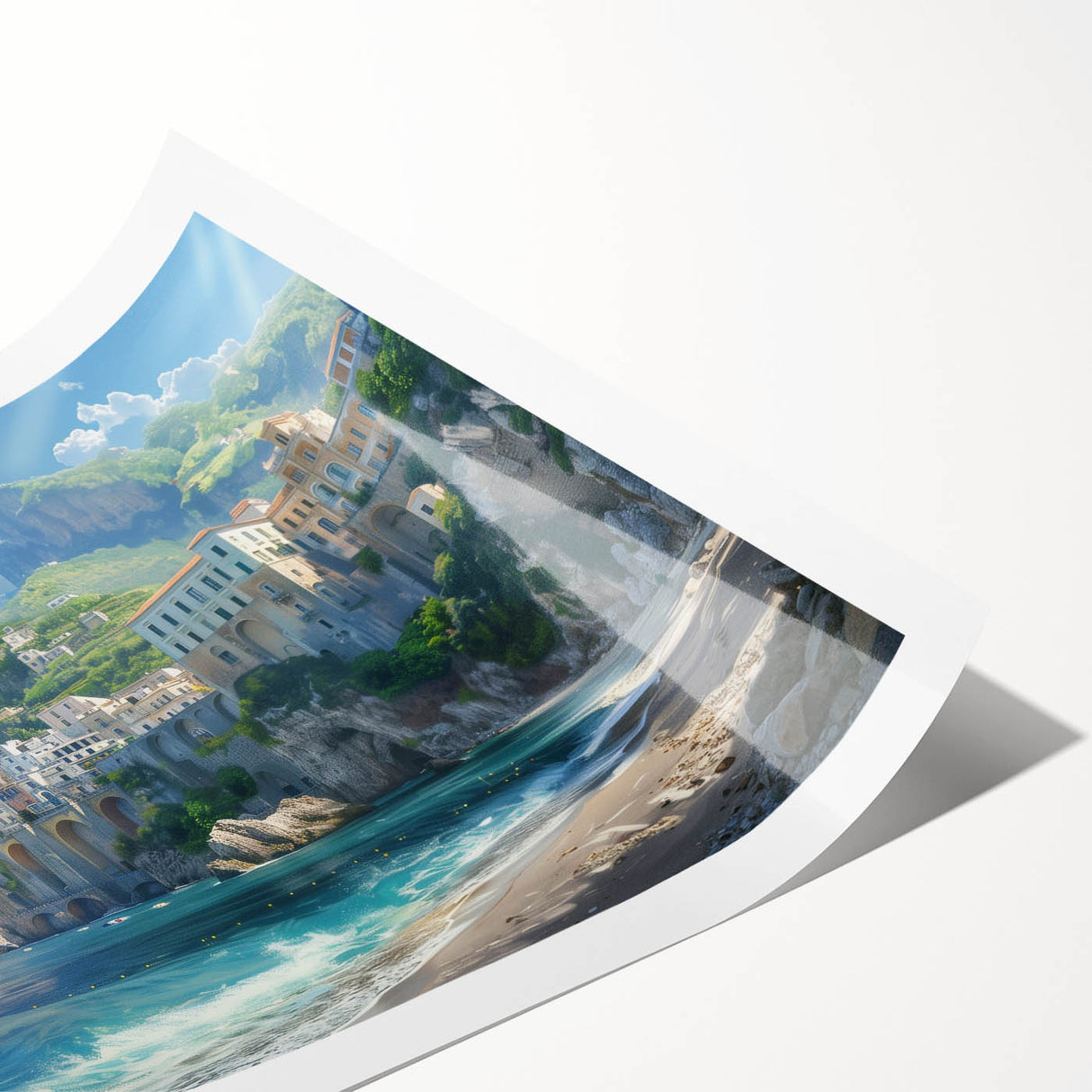 Extra large wall art of Amalfi Coast with detailed line art flowers in vibrant colors on a rolled print.