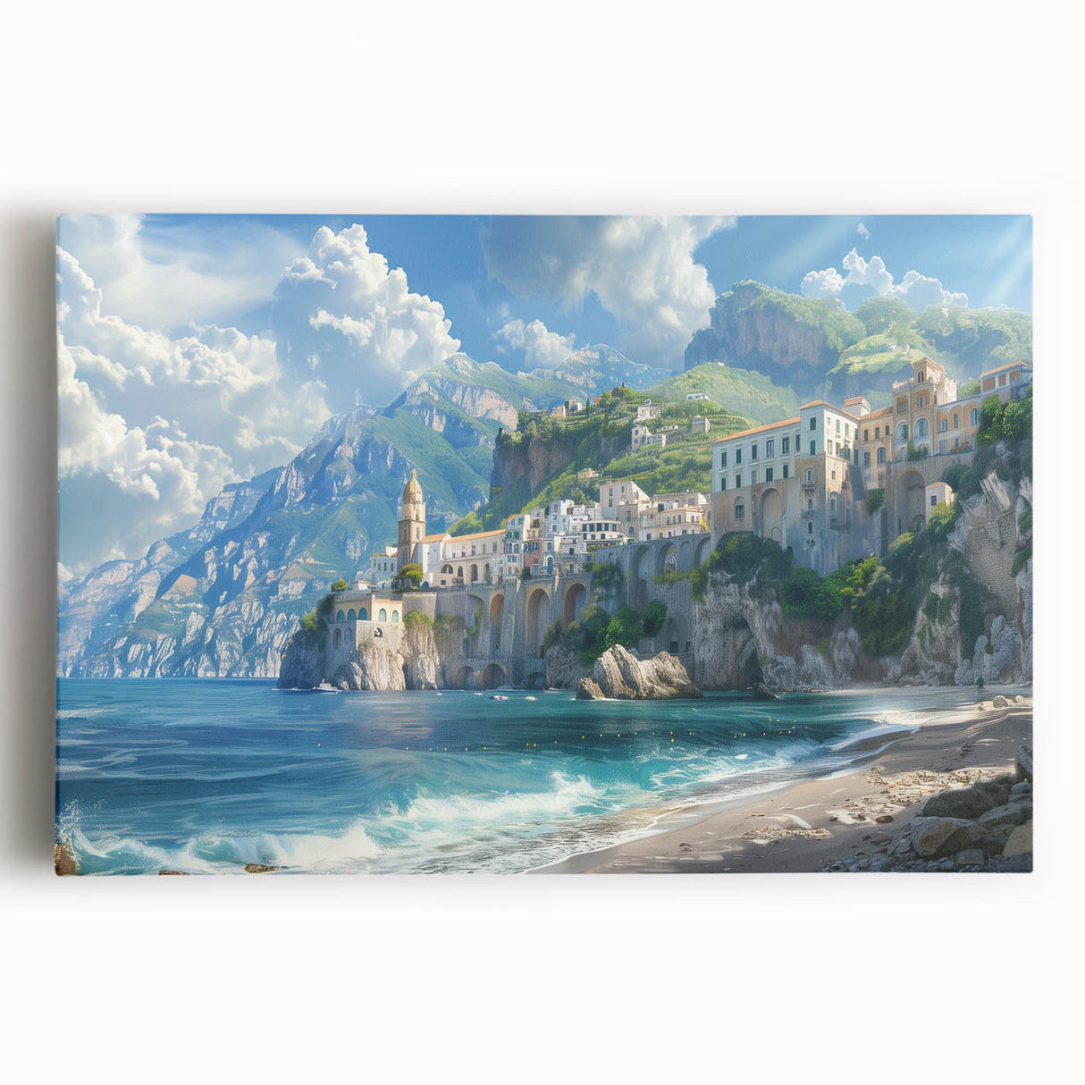 Black and white stretched canvas of Amalfi Coast, ideal for kitchen wall art or bedroom ambiance.