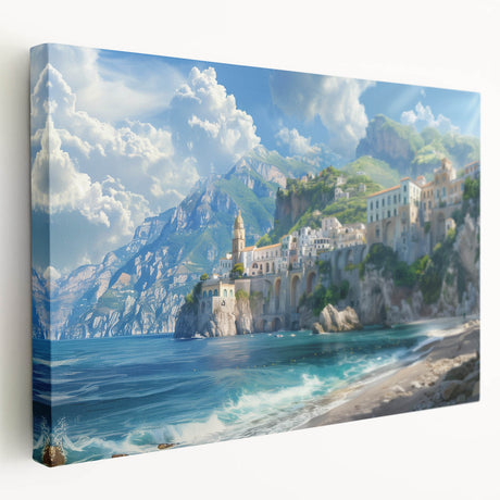 Large art of Amalfi Coast with vibrant blue and white tones on stretched canvas, ideal for kitchen wall art.