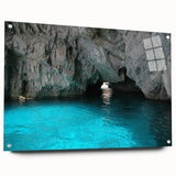 Acrylic print of Capri, Italy scenery in vibrant blues and greens, suitable for dining room decor.
