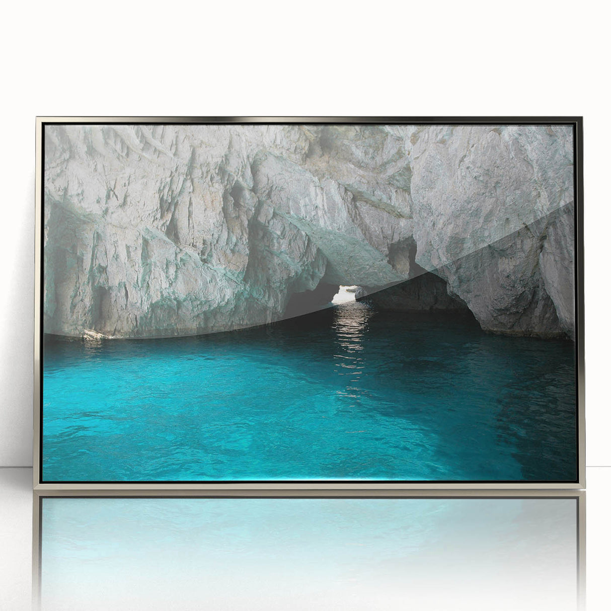 Framed acrylic print of Capri scenery in muted blue and green shades, ideal for modern art wall decor.