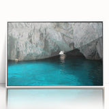 Mid-century modernist art depicting the Capri coastline in muted blue and white tones, acrylic print.