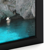Extra large framed canvas featuring a textured, colorful depiction of Capri, Italy, ideal for living room decor.