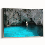 Landscape art painting of Capri, Italy on framed canvas, featuring vibrant colors and vintage poster style.