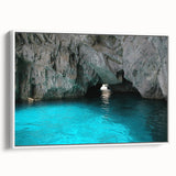 Vintage poster art of Capri, Italy, featuring colorful imagery on a large framed canvas, suitable for living room decor.