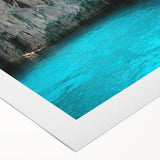 Art deco poster of Capri, Italy with vibrant blue and white tones on rolled canvas, ideal for dining room wall art.