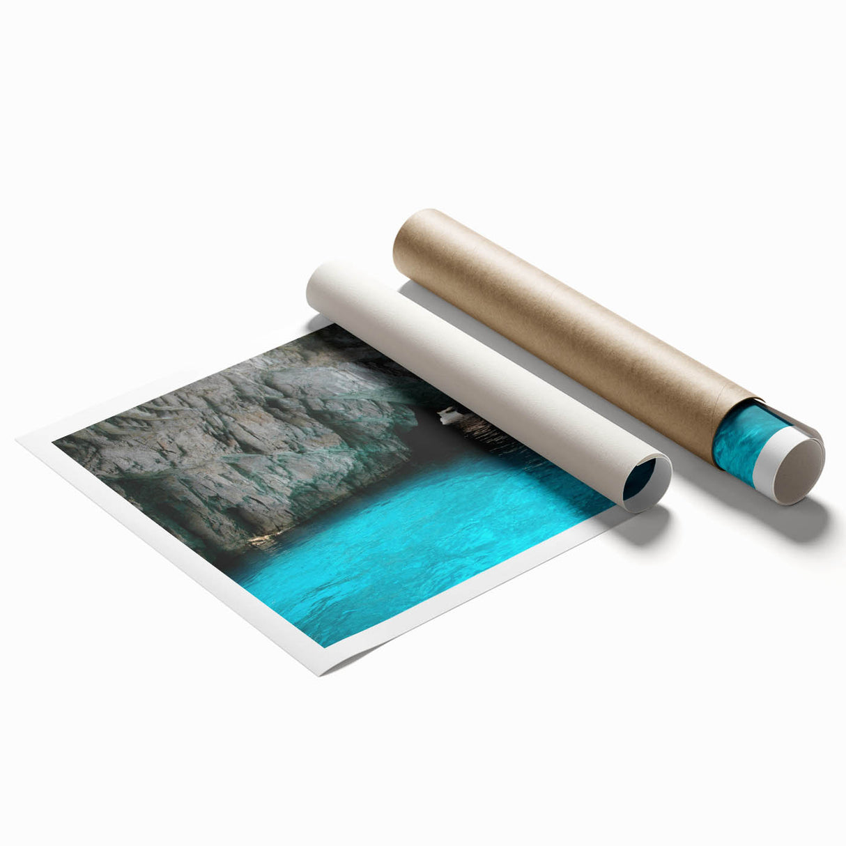 Extra large wall art depicting Capri's scenic coastline in muted blue tones, ideal as classy bathroom wall decor.