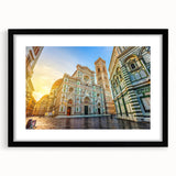 Abstract art print of Florence scenery in vibrant colors on a large textured canvas, framed in black.