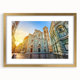 Abstract art print of Florence scenery in muted gold and blue tones, framed with a gold mat, ideal for dining room decor.