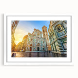 Textured abstract art print of Florence skyline in muted earth tones, framed with a white mat, suitable for bedroom decor.