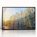 Large abstract wall art depicting Florence scenery in mid-century modernist style, with muted earth tones on framed acrylic.