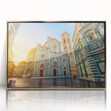 Framed acrylic print of Florence scenery with gold tones, ideal for modern art wall decor in a nursery.