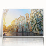 Mid-century modernist art of Florence skyline in muted earth tones on framed acrylic, suitable for modern art wall decor.