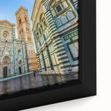 Extra large framed canvas of a textured Florence cityscape in black with colorful accents, ideal for living room decor.