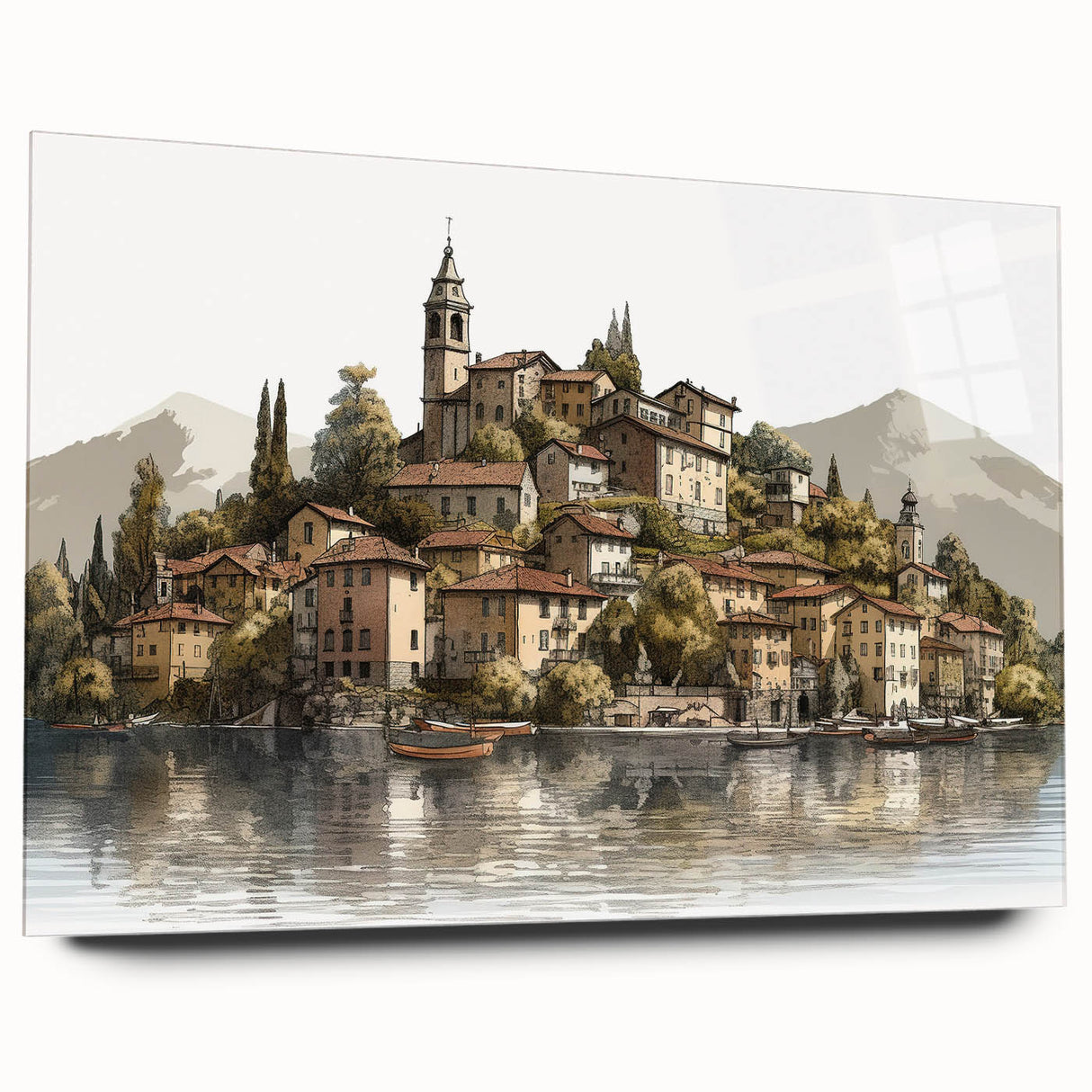 Acrylic print of Lake Como with vibrant blue and green hues, ideal for bedroom or dining room art.
