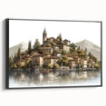 Black and white landscape art painting of Lake Como on framed canvas, ideal for bedroom wall decor.