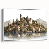 Vintage poster art of Lake Como with vibrant colors on extra large framed canvas, ideal for living room decor.