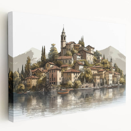 Lake Como scenery on stretched canvas, featuring muted blues and greens, ideal for kitchen wall art.