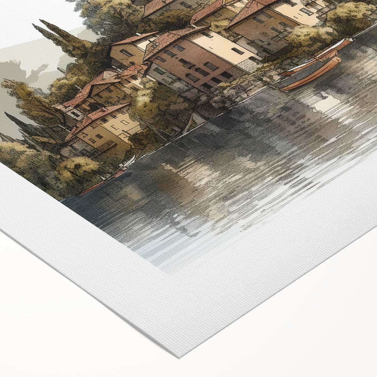 Art deco poster of Lake Como with soft blue and green tones on rolled canvas, suitable for dining room decor.