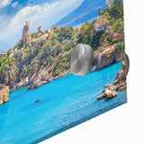 Large abstract depiction of Sicilian landscape in muted earth tones on acrylic glass, ideal for dining room art.