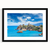 Abstract art print of a Sicilian landscape in vibrant, textured colors on a large framed canvas.