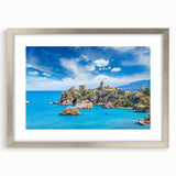 Abstract art print of a Sicilian landscape in textured silver frame, ideal for extra large wall art in a living room.