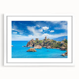 Textured abstract art print of a Sicilian landscape in muted earth tones, framed with a white mat, suitable for bedroom art.