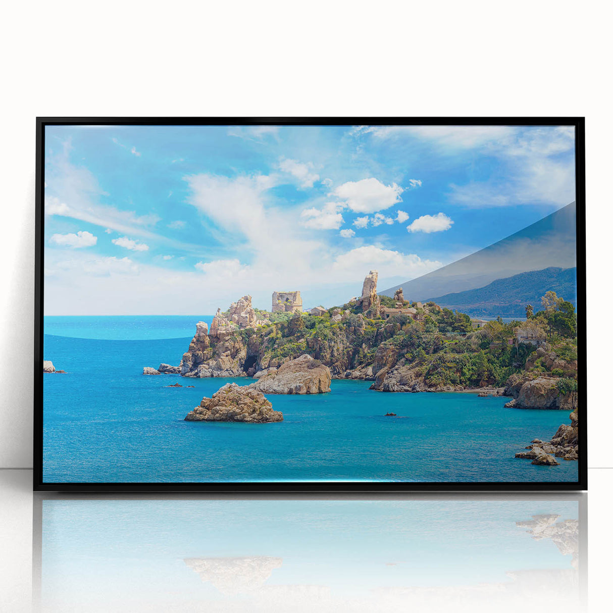 Large abstract wall art depicting a Sicilian landscape in muted earth tones on a framed acrylic.
