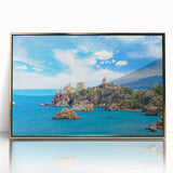 Acrylic framed art deco poster depicting a Sicilian landscape in muted earth tones, ideal for modern art wall decor.