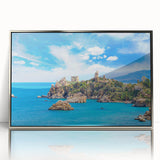 Large art print of a Sicilian landscape in muted earth tones on a silver-framed acrylic, suitable as modern art wall decor.