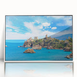 Mid-century modernist art depicting a Sicilian landscape in muted earth tones on a framed acrylic.