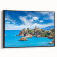 Black and white landscape art painting of Sicilian scenery on framed canvas, ideal for bedroom wall decor.