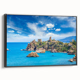 Black and white landscape art painting of Sicilian scenery on framed canvas, ideal for bedroom wall decor.