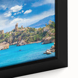 Close-up of textured black wall art depicting a Sicilian landscape, framed canvas, ideal for living room decor.