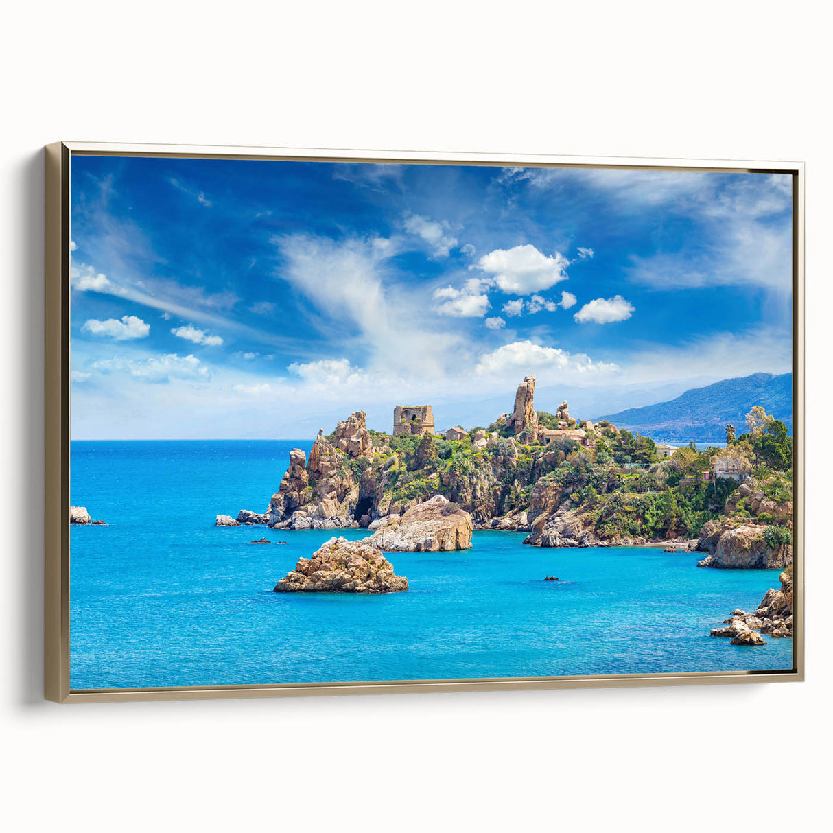 Framed canvas of a vintage Sicilian landscape in muted gold and black tones, suitable for bedroom decor.