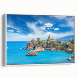 Vintage poster art of a Sicilian landscape in vibrant colors on a large framed canvas, ideal for living room decor.