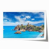 Extra large rolled print of Sicilian scenery with vibrant floral elements, ideal for art wall dining room or bathroom.