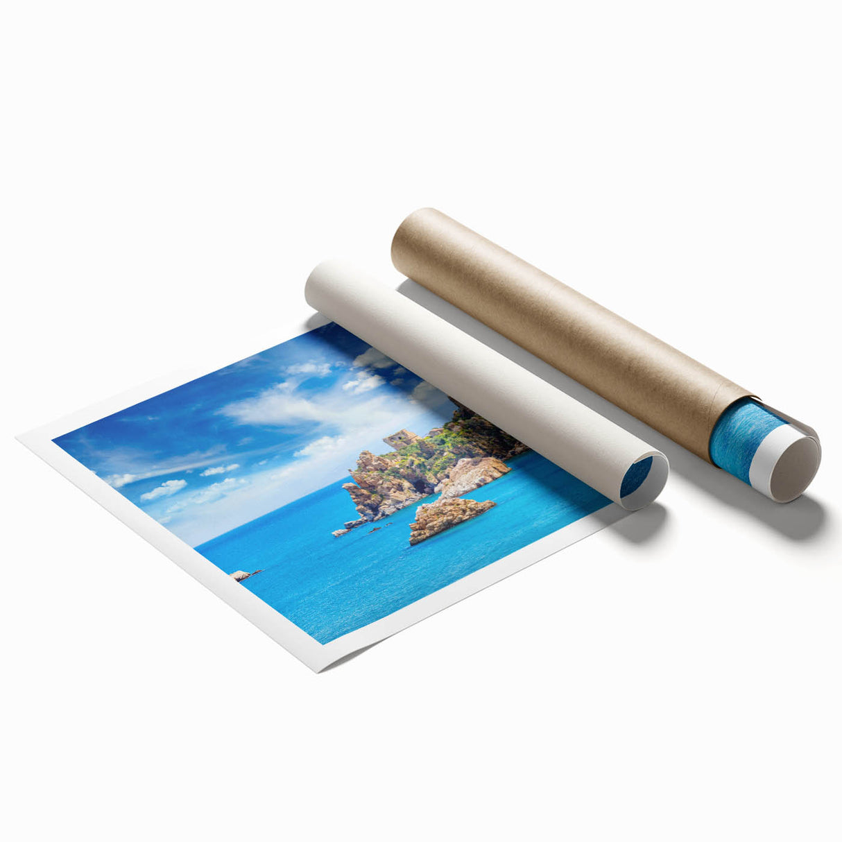 Extra large rolled print of Sicilian landscape with vibrant floral foreground, ideal for classy bathroom wall art.