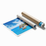 Extra large rolled print of Sicilian landscape with vibrant floral foreground, ideal for classy bathroom wall art.