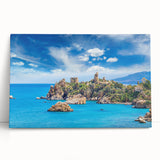 Black and white stretched canvas featuring a serene Sicilian landscape, ideal for kitchen wall art.