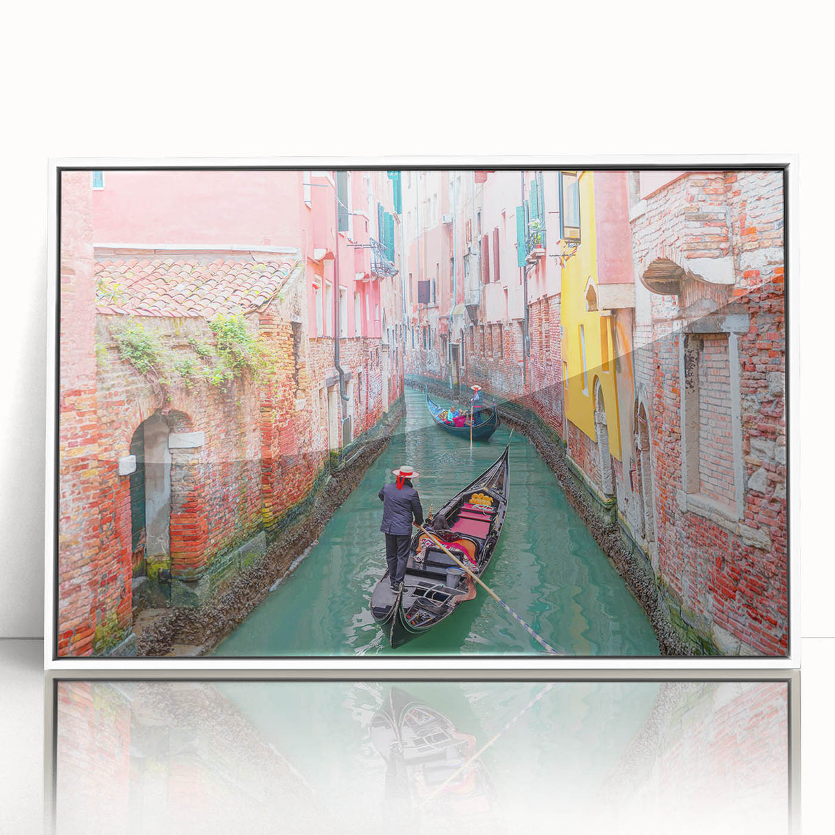 Mid-century modernist art of Venice scenery in muted pastel shades on a framed acrylic, ideal for nursery wall art.