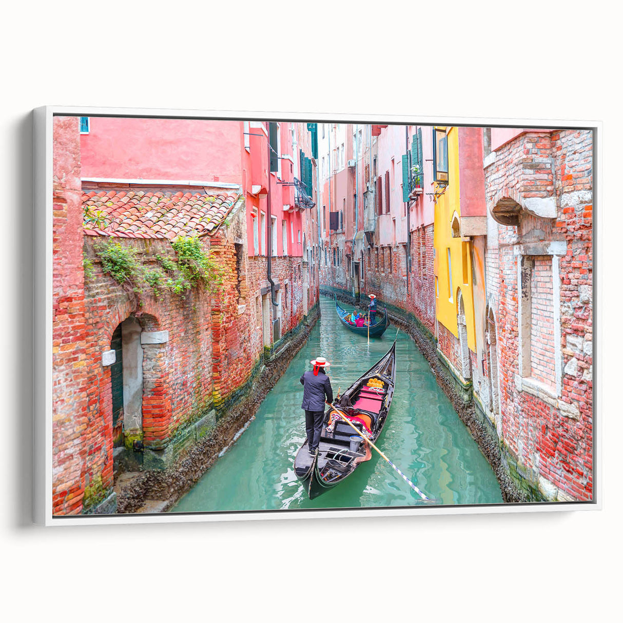 Vintage poster art of Venice scenery on framed canvas, featuring vibrant colors and black accents.