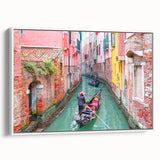 Vintage poster art of Venice scenery on framed canvas, featuring vibrant colors and black accents.